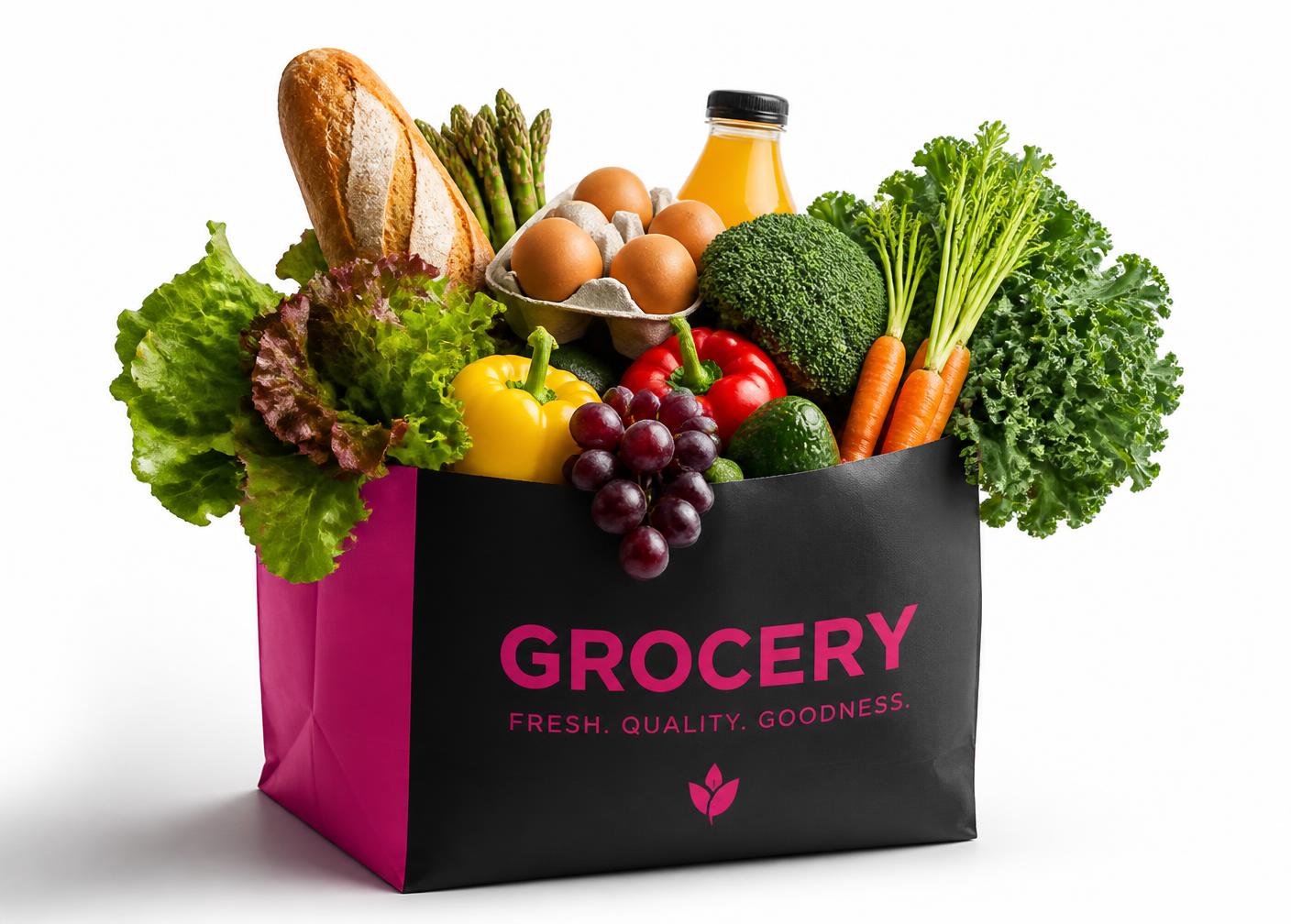 Black and pink grocery bag overflowing with fresh vegetables, bread and eggs
